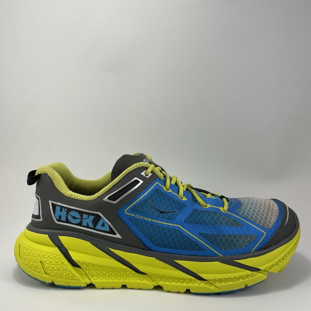 Hoka One One Clifton 1 Running Shoes Mens Size 10.5 Blue/Neon Yellow Athletic
